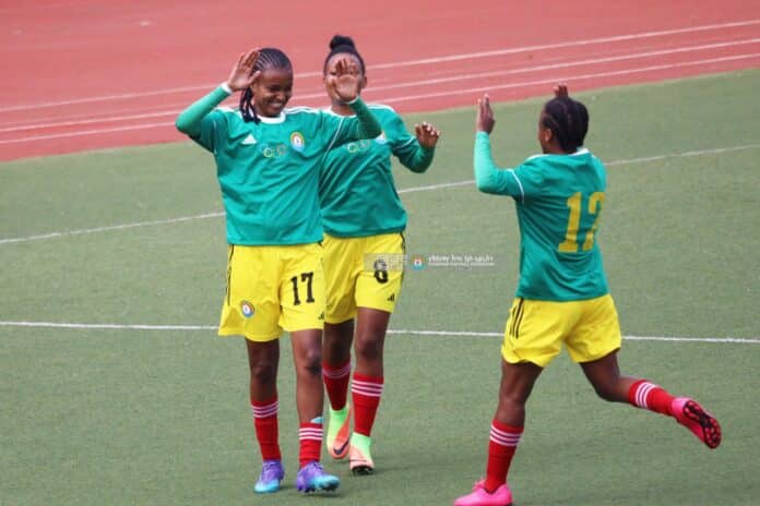 Ethiopia players celebrate scoring a goal