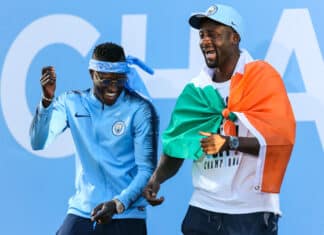 Manchester City's Yaya Tour and Benjamin Mendy