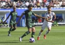 Onome Ebi plays the ball forward for Nigeria Super Falcons