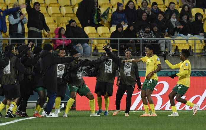 Banyana Banyana players celebrate scoring against Italy