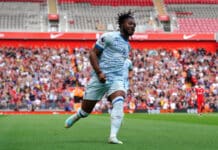 Antoine Semenyo celebrates scoring against Liverpool