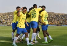 african football league favourites Mamelodi Sundowns players celebrating a goal