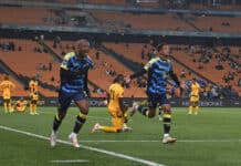 Khanyisa Mayo celebrates scoring against Kaizer Chiefs