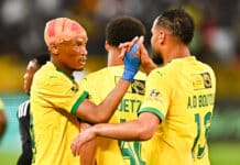 Mothobi Mvala of Mamelodi Sundowns and Boutouil Abdelmounaim of Mamelodi Sundowns