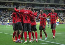 TS Galaxy players celebrate their win over Mamelodi Sundowns in the Carling Knockout