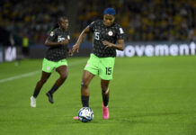 Rasheedat Ajibade moves forward for the Nigeria Super Falcons