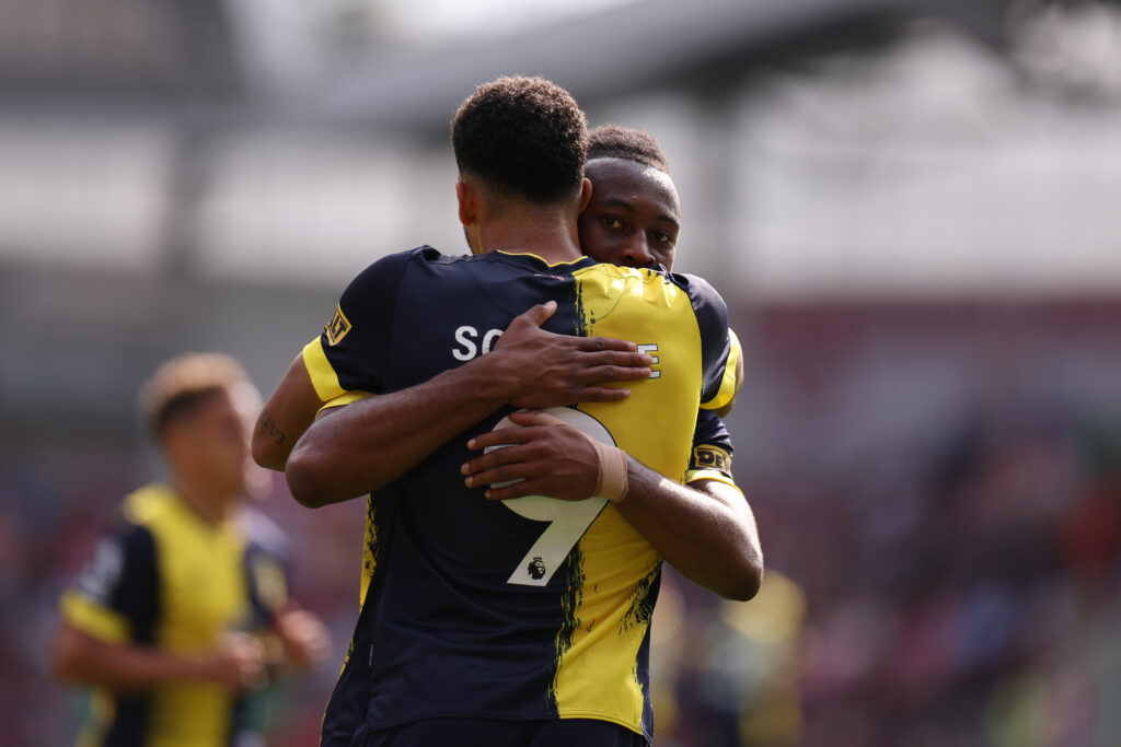 Dominic Solanke of Bournemouth celebrates with Antoine Semenyo 