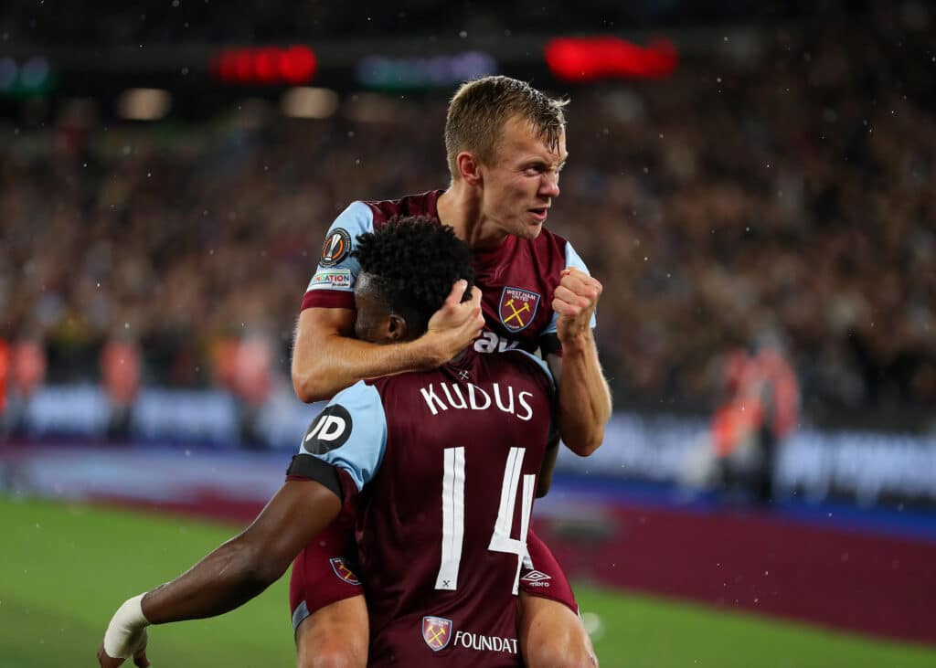 Mohammed Kudus of West Ham United celebrates with James Ward-Prowse