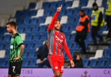 Super Eagles striker Cyril Dessers celebrates scoring