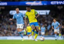 Taiwo Awoniyi #9 of Nottingham Forest looks for options in attack in Manchester