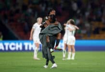 Francisca Ordega celebrates winning with the Super Falcons