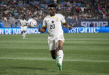 Black Stars' forward Mohammed Kudus (20) runs to get the ball during the first half against Mexico