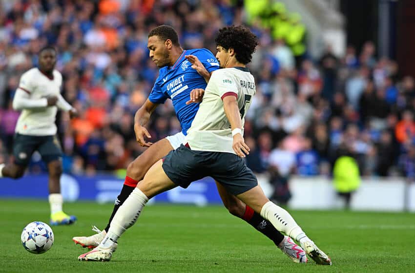 Cyriel Dessers in action, PSV vs Rangers